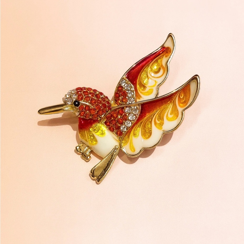 Gold-Tone Rhinestone Hummingbird Brooch - Sparkling Elegant Bird Brooch Pin. New